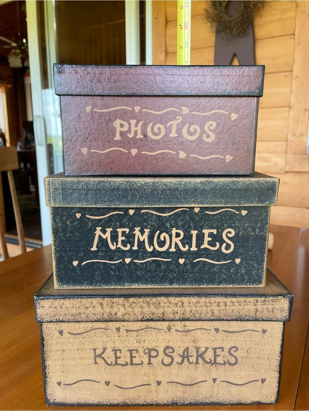 Primitive Stacking & Nesting Decorative Storage Boxes Burgundy Black Tan
